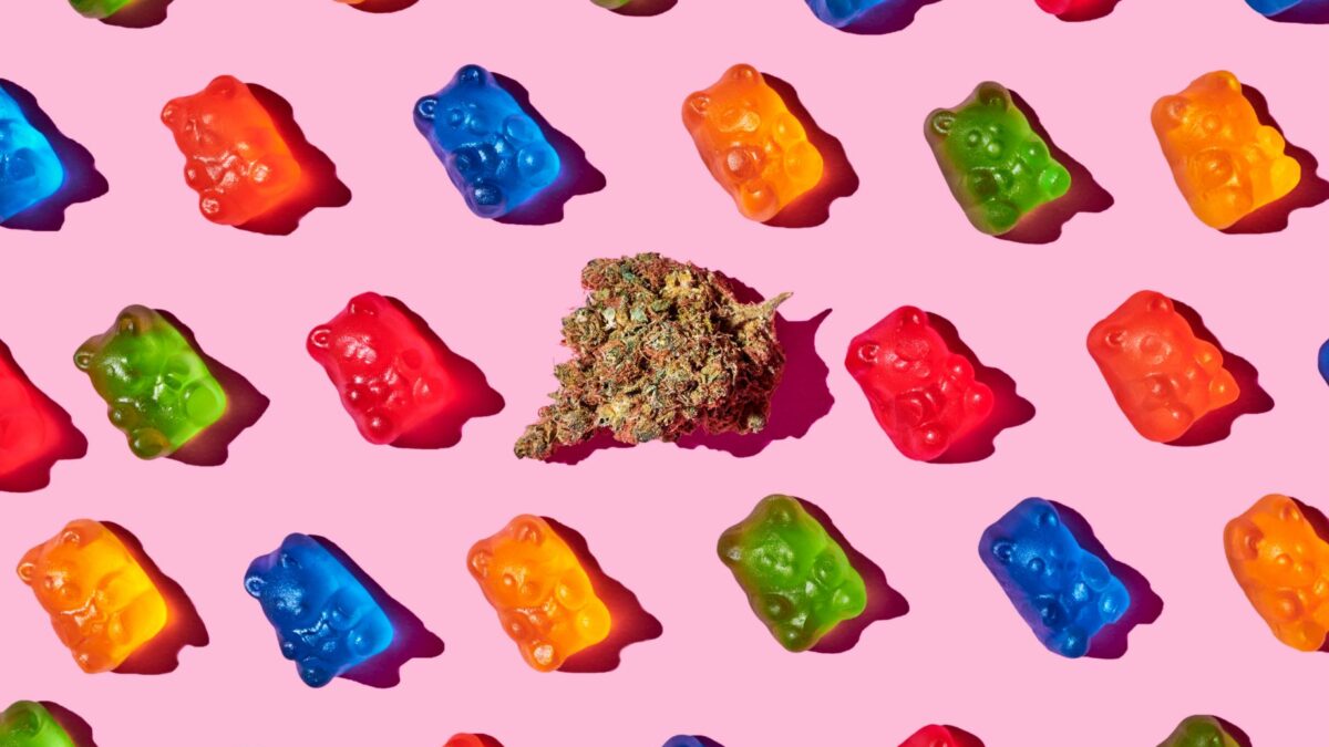 Colorful image of gummie bears and marijuana